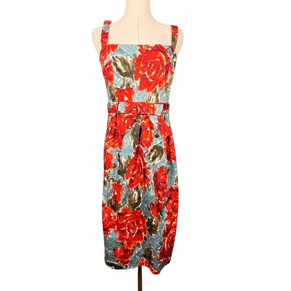 Anne Klein New York Floral Sheath Dress Red Rose Bow Waist Womens 4